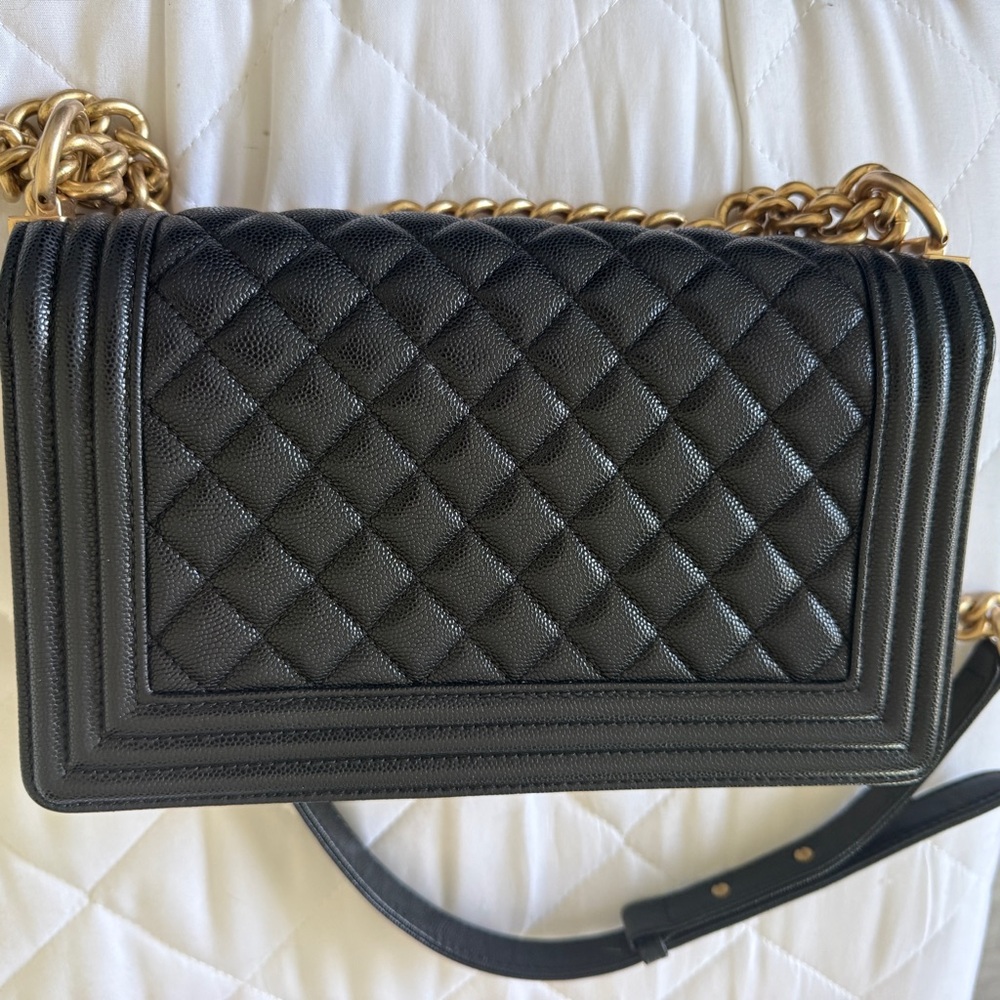 Black Quilted Leather Bag with Gold Chain